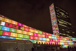 September 2015: on the eve of the United Nations summit to agree the 2030 Agenda, a film introducing the 17 Sustainable Development Goals is projected onto the UN headquarters building (Photo: UN Photo/Cia Pak)