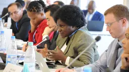 Stella Gama of Malawi at a desk speaks into a microphone as she briefs the Technology Executive Committee