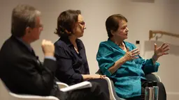 IIED's Andrew Norton and IIED chair Rebeca Grynspan with Gro Harlem Brundtland sit at the front of the Barbara Ward lecture on 19 June 2018