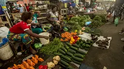 Women traders on a market stall, with rows of different fruit and vegetables in front of them