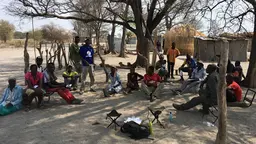 A group of men and women gathered under some trees