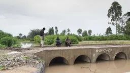 Three men stand on a bridge over an open culvert