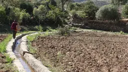a young man walks along an irrigation channel