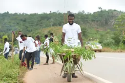 Young man pushing a cart with branches.