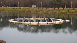 Solar panels on a lake.