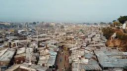A view from above of densely packed homes.