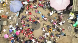 An overhead view of people outside 