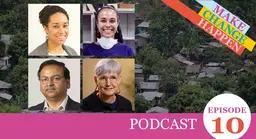 Headshots of four people over a treelined housing area
