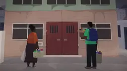 Animation of a two people with bags in front of a building