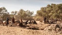 People and cattle in an arid landscape