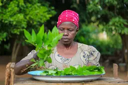 Woman puts greens on a plate
