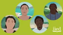 Cartoon head and shoulders of four people on a green background