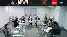 Screengrab of a videocall with eight people in a meeting room and five more online participants