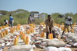 Piles of bags and jerrycans. Men pick some of them up. 