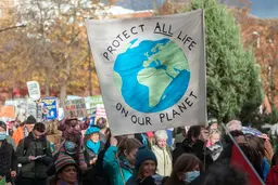 People of all ages marching holding posters. One poster reads "protect all like on our planet"; another poster reads "no more blah blah blah"