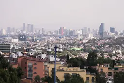 Skyline view of a city with houses and short buildings in the front and skyscrapers in the background.