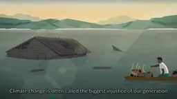 An illustration of a man in a boat rowing past a submerged house, with the text underneath "climate change is often called the biggest injustice of our generation"