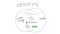 Diagram of two circles titled: Obsessions. One circle reads "Wordle", the other circle reads "climate change". In the middle of the two, there is a screenshot of A GRENER WORLDLE. 