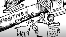 An illustration showing two people reading a book titled "Participatory Learning and Action" in front of the words "positive change"