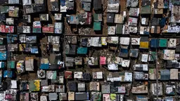 An aerial view of dozens of shack housing in close proximity, with colourful roofs