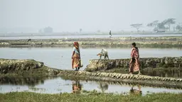 Two women walk along a ridge alongside an expanse of water.