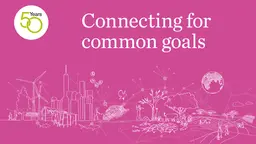 An illustration on a pink background showing connections from individual objects and people.