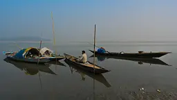 In a broad river, a man sits in a small, narrow boat. Other similar boats are nearby, and poles are sticking up out of the water.