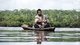 A man paddles in a small boat close to the side of a river. 