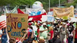 A young person holds up a sign, saying "There is no planet B" among a march