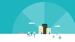 An illustration showing people and flowers in front of tall buildings.