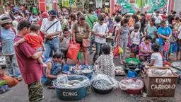 People stand around several women on a busy street who are selling fish in buckets on the floor in front of them.