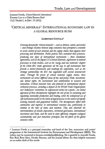 Cover of the journal article, Critical minerals: international economic law in a global resource rush