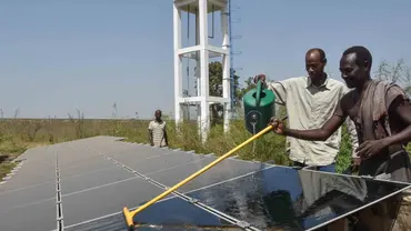 Two farmers washing up a solar panel in Senegal.