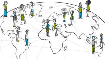 Illustration of people standing on a globe