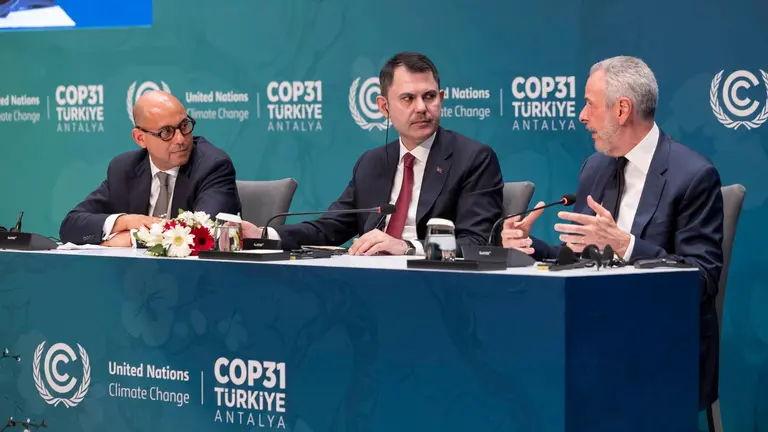 UN Climate Change Executive Secretary Simon Stiell, Türkiye's Minister of Environment, Urbanization and Climate Change and COP31 President-Designate Murat Kurum, and COP30 President André Corrêa do Lago during a preparatory press conference for COP31 held in Istanbul.