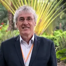A man standing in front of a palm tree.