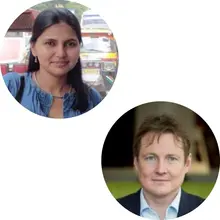 Head and shoulders photos of Ritu Bharadwaj and Tom Mitchell.