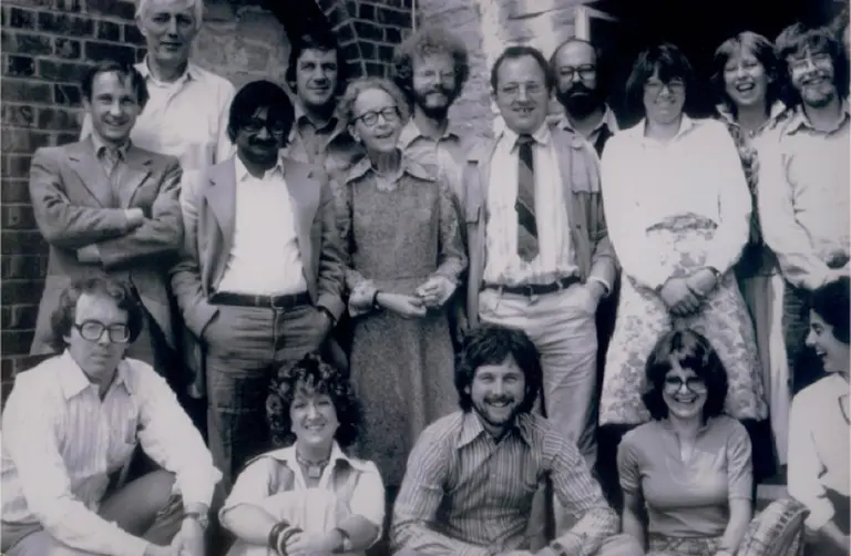 IIED staff, including founder Barbara Ward (middle row, third left) and future senior fellow David Satterthwaite (back row, third left) in the 1970s
