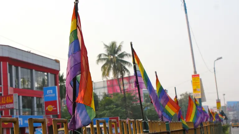 A series of rainbow flags outside a building. 