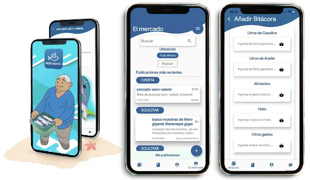 Three illustrations of a mobile phone screen showing images from an app. 