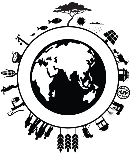 Simple globe map surrounded icons representing a framework for a fairer future 