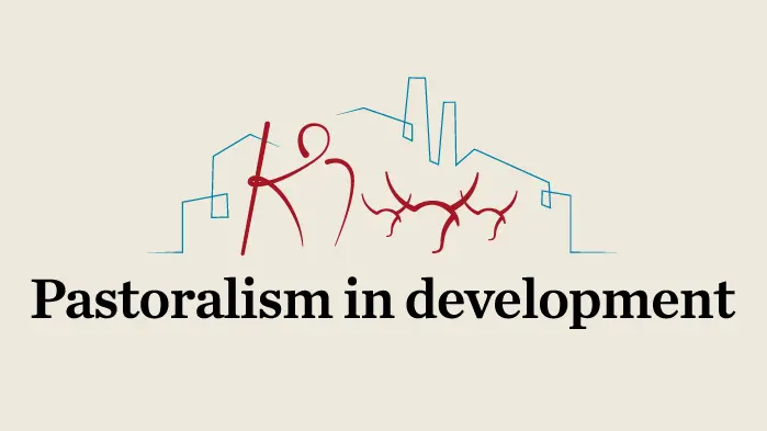 Illustration of the outline of a herder herding their flock in front of buildings, with the words "Pastoralism in development" underneath