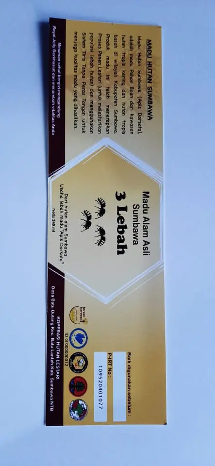 Label with words in Indonesian and an icon of a bee