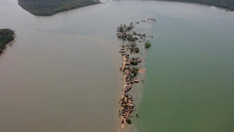 Aerial view of an isle surrounded by water