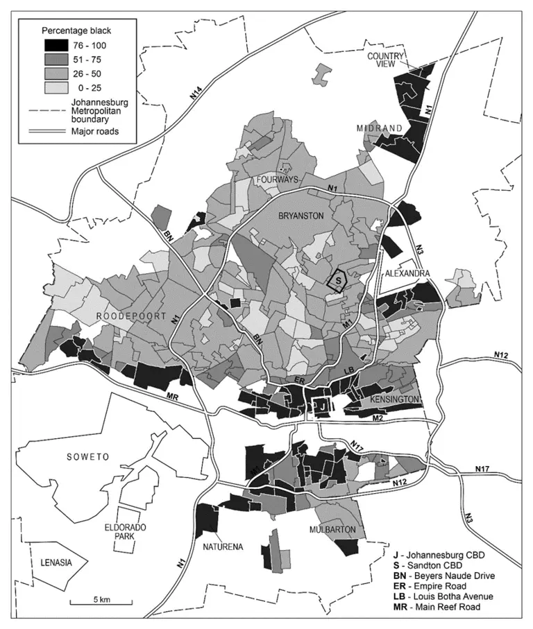 Map of the Johannesburg in 2011, showing the geography of black residents in the formerly whites-only neighbourhoods