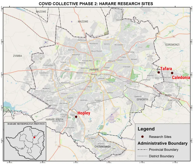 A map of Harare, Zimbabwe showing district and provincial boundaries, and the location of three research sites - two in the east and one in the southwest.
