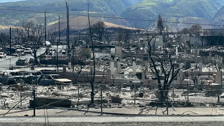 A mess of burned out buildings and vehicles in front of imposing mountains in the background.