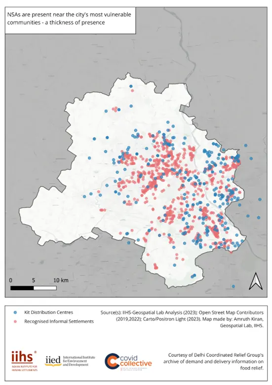 A map of Delhi with multi-coloured dots, concentrated in the centre and the east.