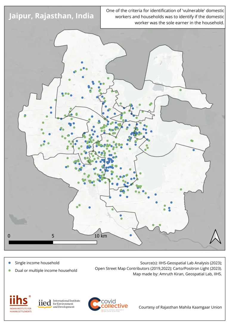 A map of Jaipur, India with a series of dots in green and blue, concentrated near the centre