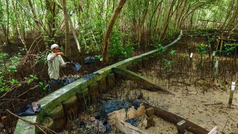 Man standing on wooden bridge in forest holding a shovel.